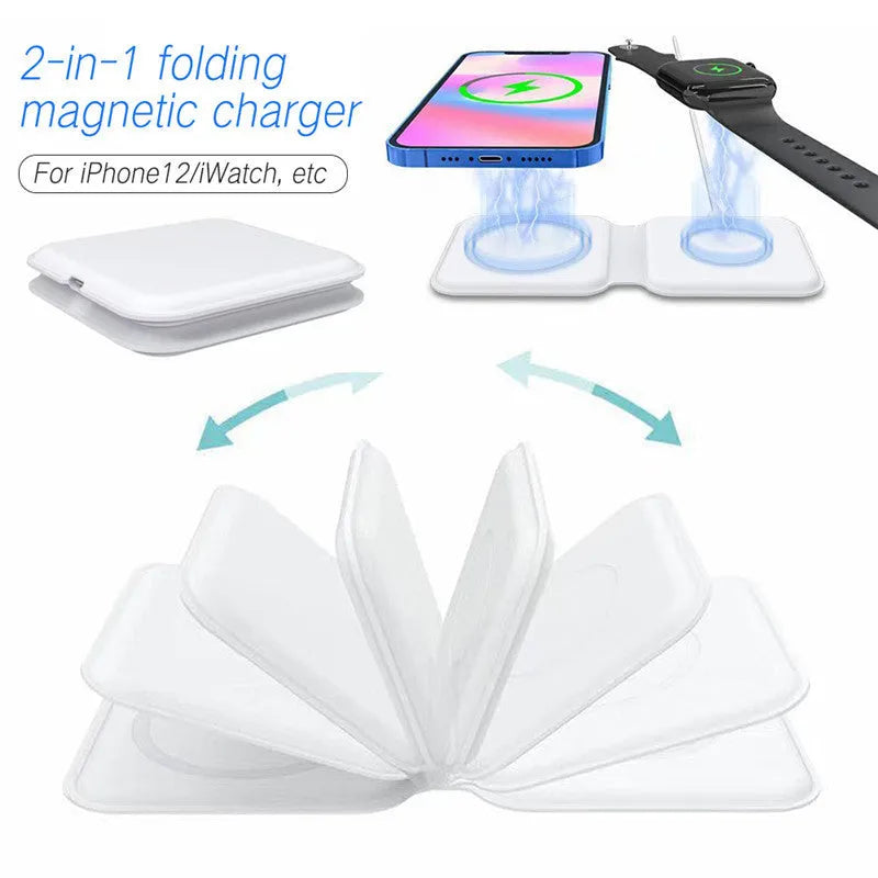 White folding magnetic wireless charger in stand mode, charging a smartphone at an angle
