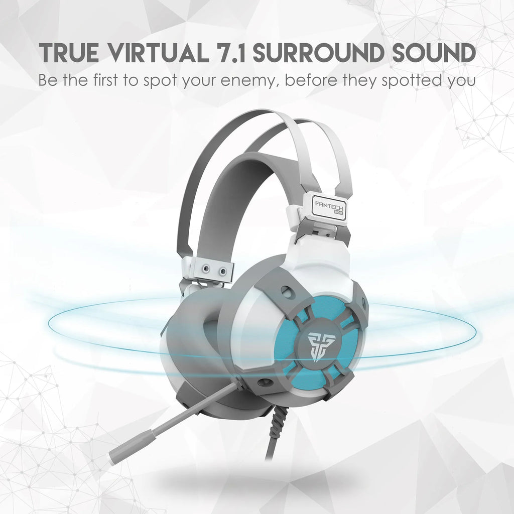 Black FANTECH HG11 USB gaming headset with RGB lights on ear cups and a 2.1m cable with remote control.
