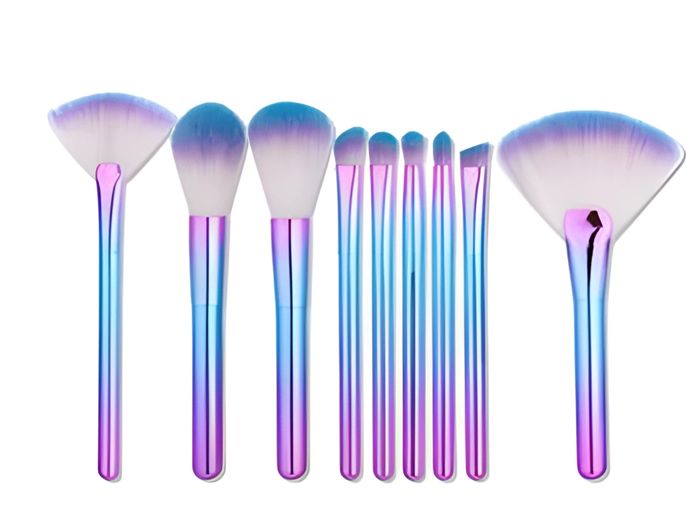 9-piece makeup brush set in pink with cylinder fan brush, eye brush, and powder brush stored in case