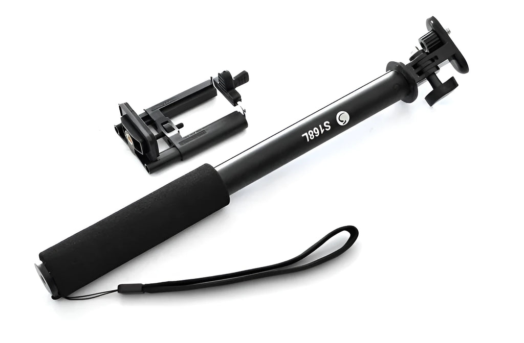 Black aluminium alloy selfie stick extended to full length with a universal mobile phone holder attached.