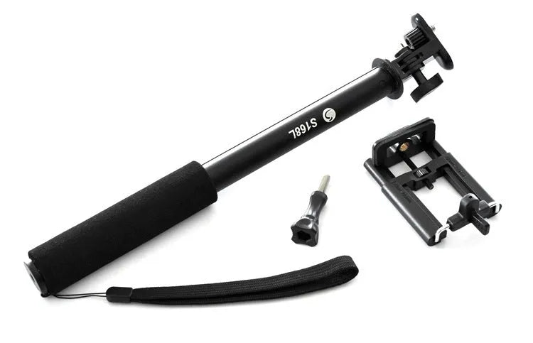 Black aluminium alloy selfie stick extended to full length with a universal mobile phone holder attached.