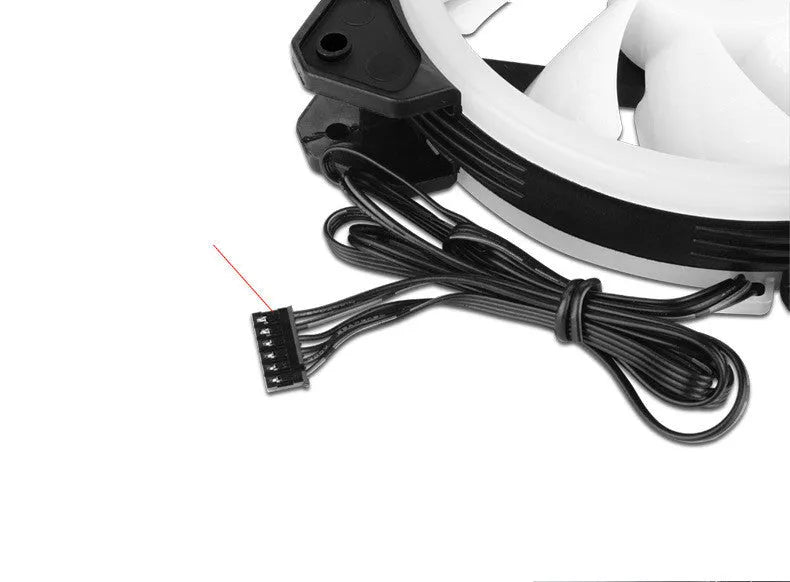 Close-up of a 12cm PC cooling fan with camouflage-patterned blades lit by multicolour RGB LEDs, showing the central hub and frame.