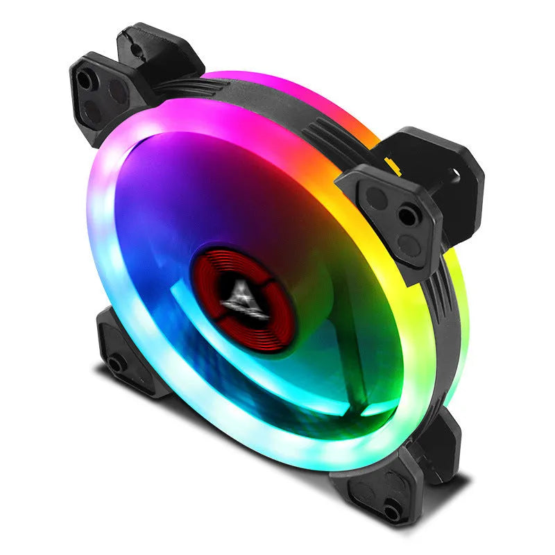 Close-up of a 12cm PC cooling fan with camouflage-patterned blades lit by multicolour RGB LEDs, showing the central hub and frame.