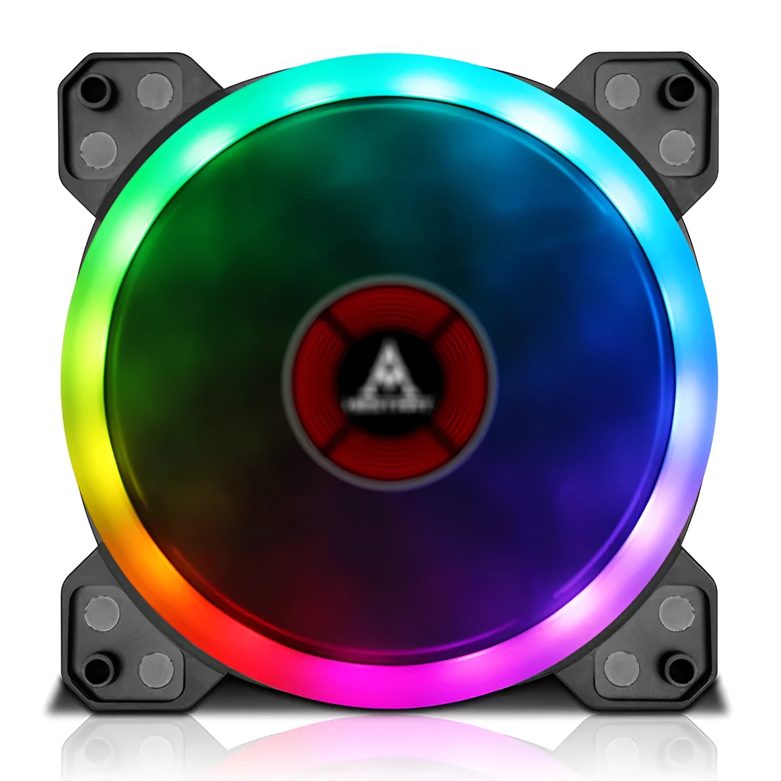 Close-up of a 12cm PC cooling fan with camouflage-patterned blades lit by multicolour RGB LEDs, showing the central hub and frame.