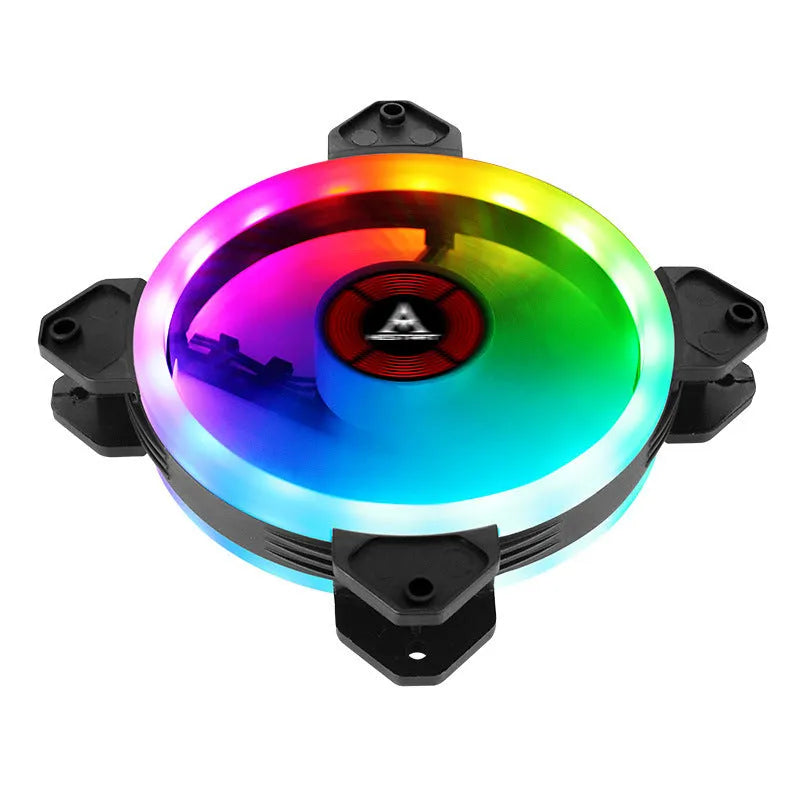 Close-up of a 12cm PC cooling fan with camouflage-patterned blades lit by multicolour RGB LEDs, showing the central hub and frame.
