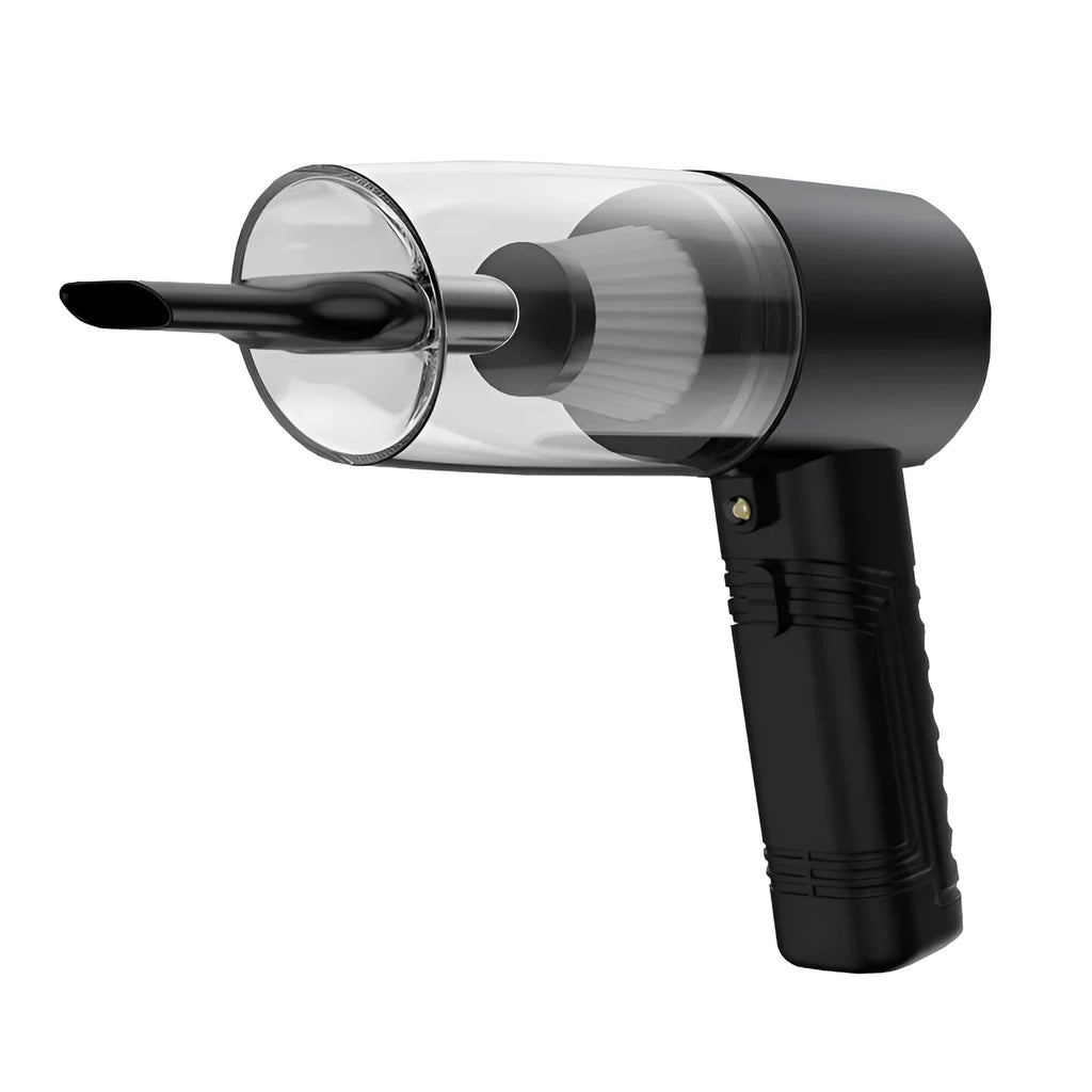 A compact black car vacuum cleaner with a long cord and a set of five accessory suction heads.