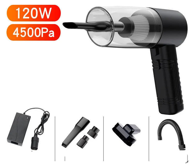 A compact black car vacuum cleaner with a long cord and a set of five accessory suction heads.