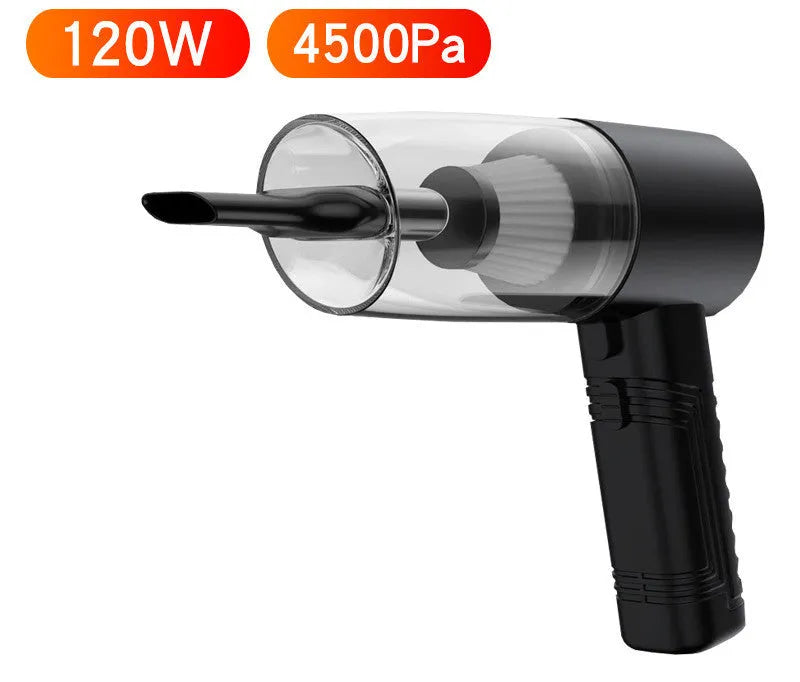 A compact black car vacuum cleaner with a long cord and a set of five accessory suction heads.