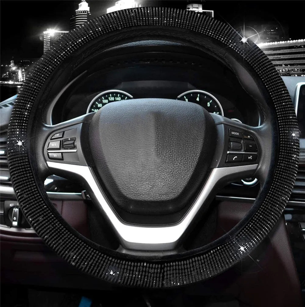 Black rhinestone diamond steering wheel cover for 37-38cm wheels with shiny crystals