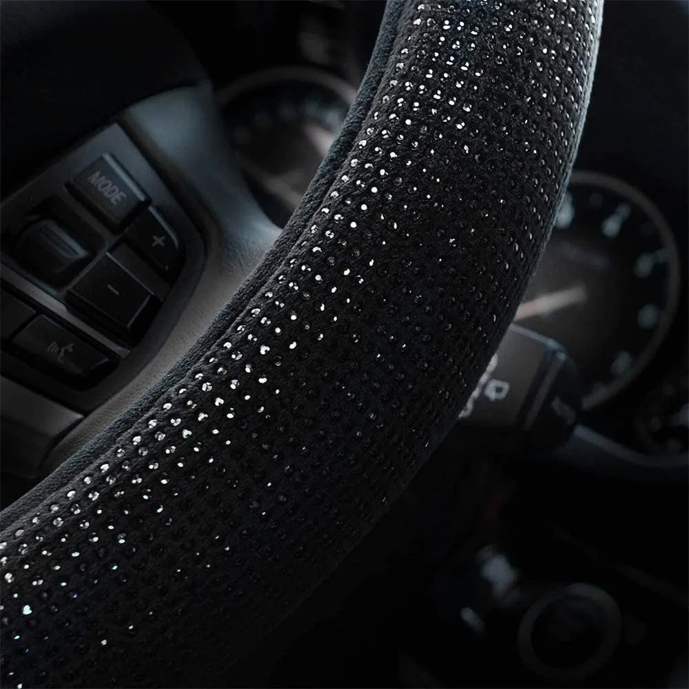 Black rhinestone diamond steering wheel cover for 37-38cm wheels with shiny crystals