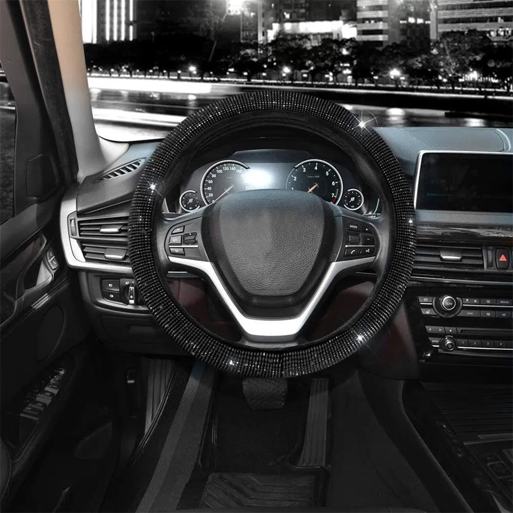 Black rhinestone diamond steering wheel cover for 37-38cm wheels with shiny crystals
