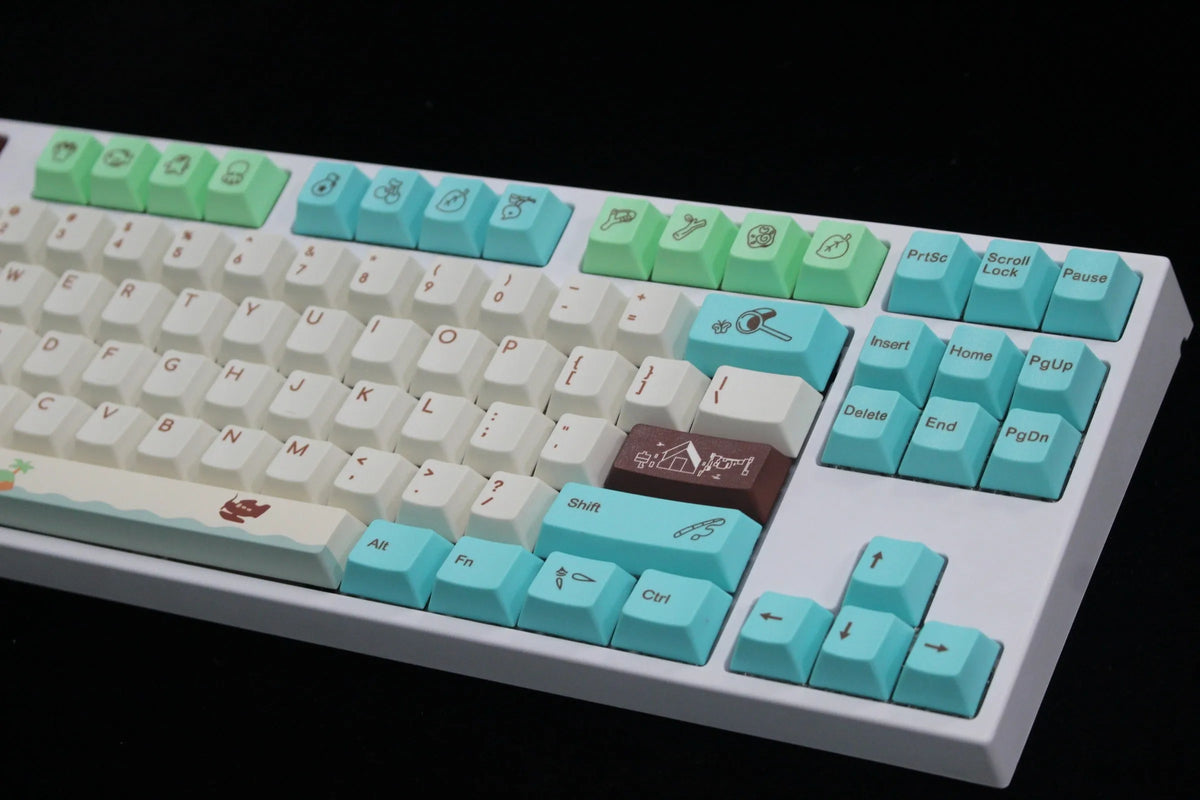 Animal Crossing themed PBT keycap set with colourful thermal sublimation graphics on a mechanical keyboard