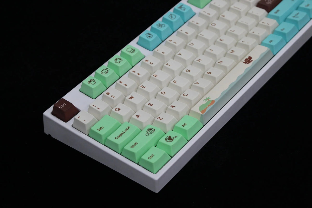 Animal Crossing themed PBT keycap set with colourful thermal sublimation graphics on a mechanical keyboard