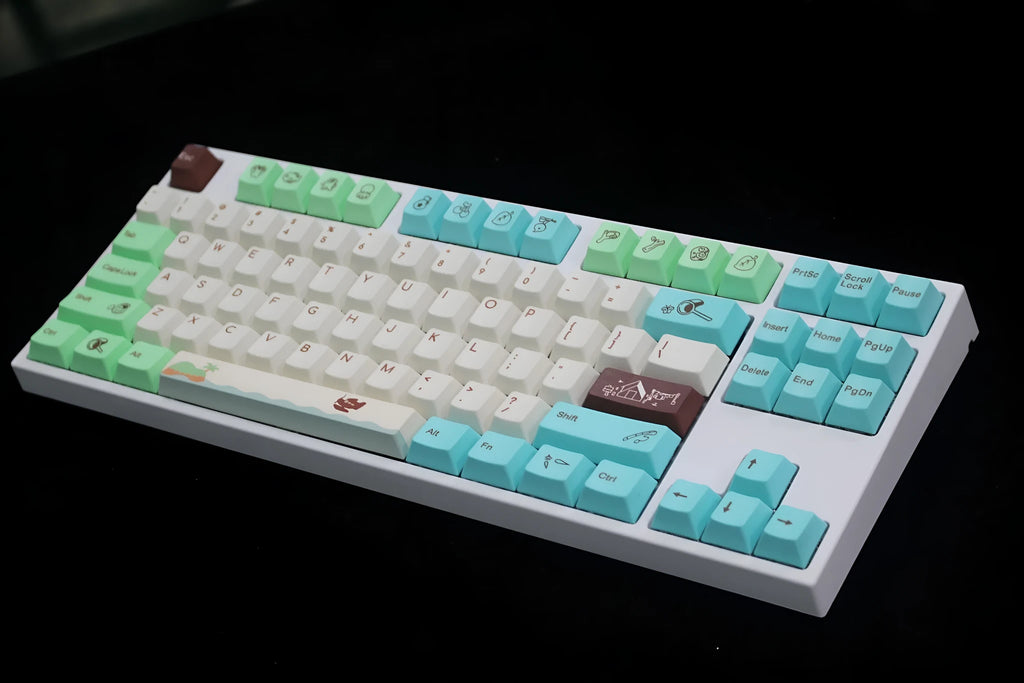 Animal Crossing themed PBT keycap set with colourful thermal sublimation graphics on a mechanical keyboard