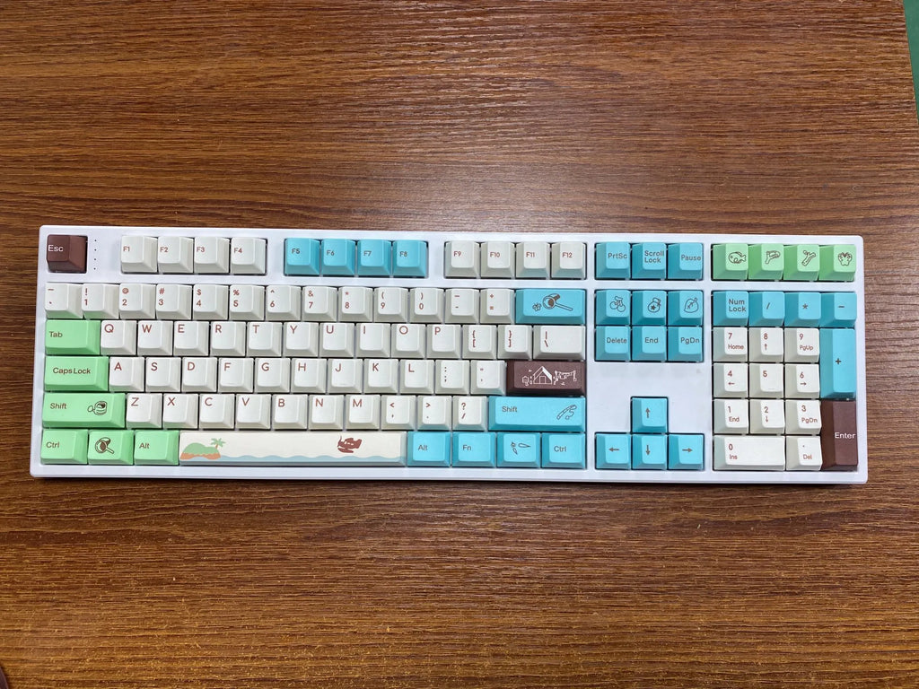 Animal Crossing themed PBT keycap set with colourful thermal sublimation graphics on a mechanical keyboard