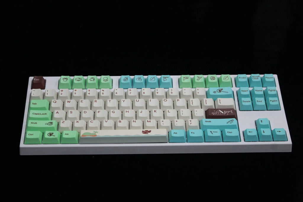 Animal Crossing themed PBT keycap set with colourful thermal sublimation graphics on a mechanical keyboard