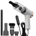 A compact black car vacuum cleaner with a long cord and a set of five accessory suction heads.