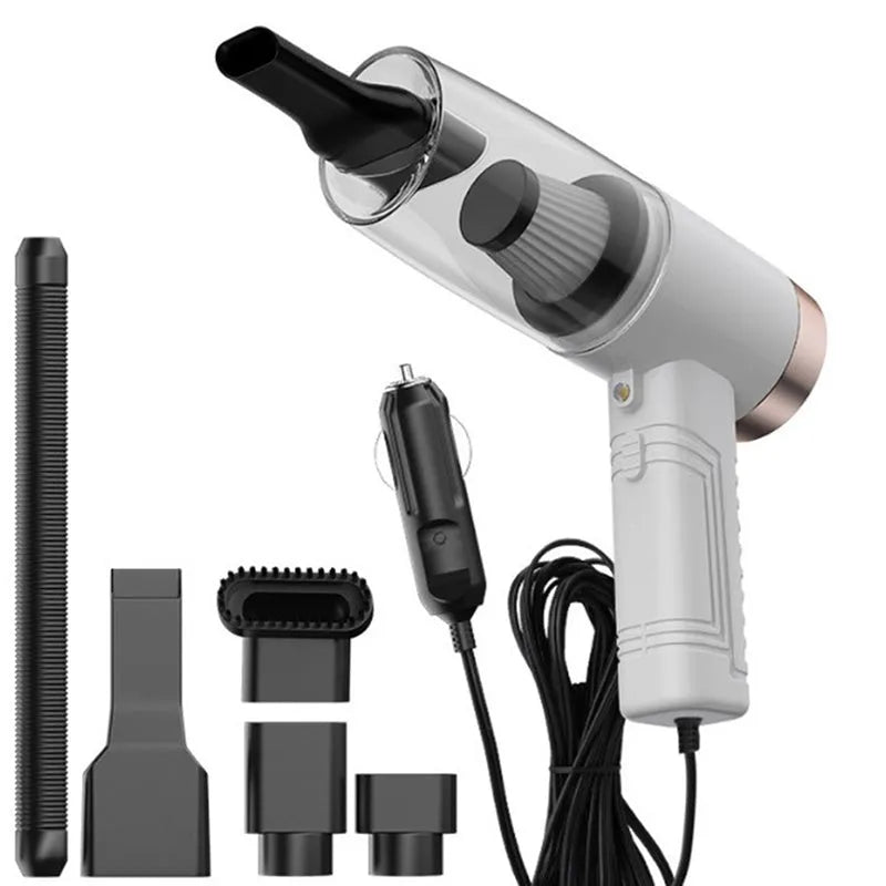 A compact black car vacuum cleaner with a long cord and a set of five accessory suction heads.