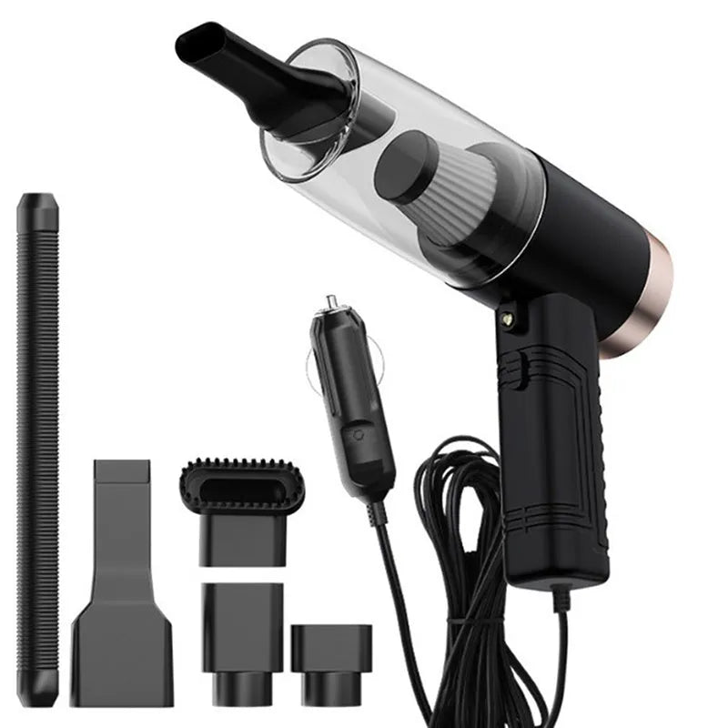 A compact black car vacuum cleaner with a long cord and a set of five accessory suction heads.
