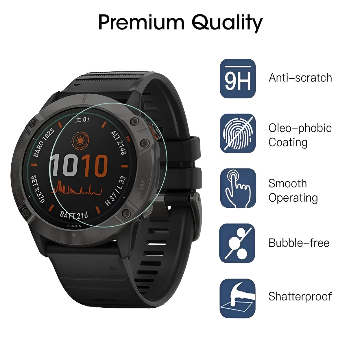 Tempered glass front film screen protector for Garmin Fenix6 Pro watch in transparent