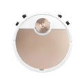 Gold intelligent robotic vacuum cleaner with touch panel and remote control on a hardwood floor.