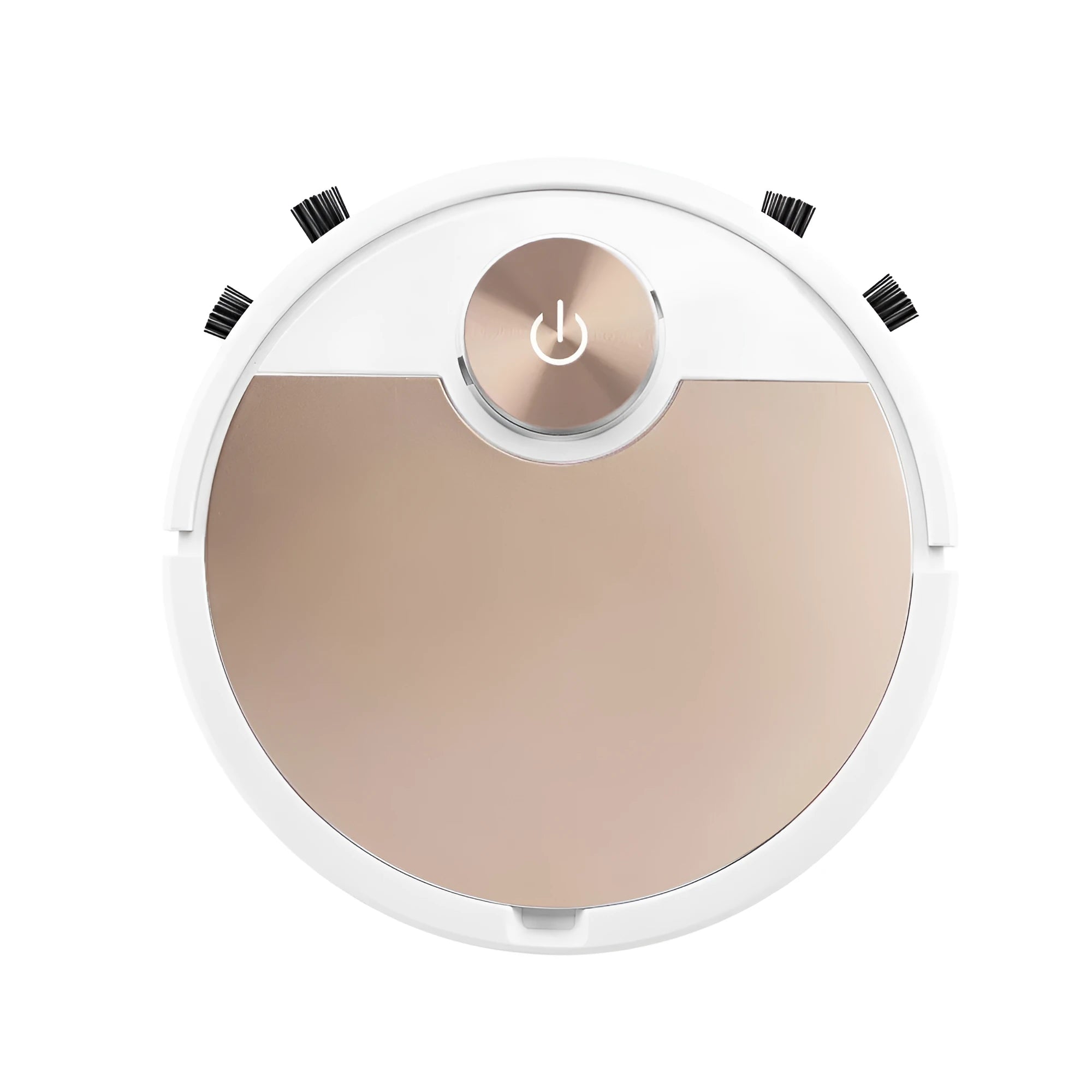 Gold intelligent robotic vacuum cleaner with touch panel and remote control on a hardwood floor.