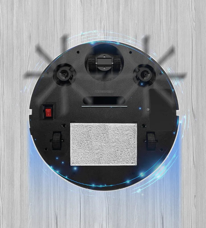 Gold intelligent robotic vacuum cleaner with touch panel and remote control on a hardwood floor.