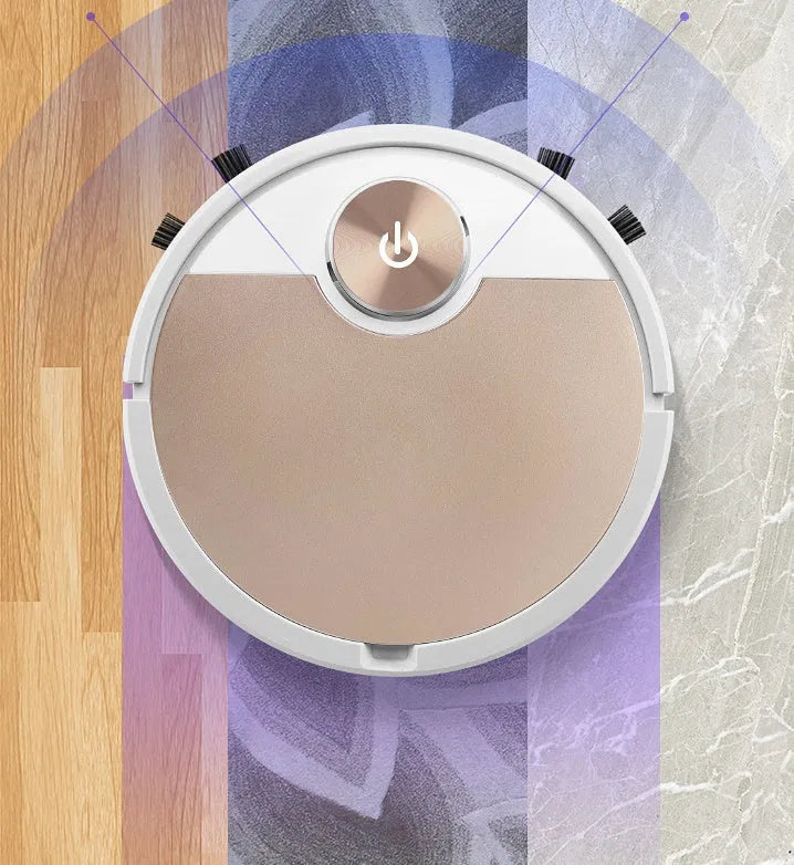 Gold intelligent robotic vacuum cleaner with touch panel and remote control on a hardwood floor.
