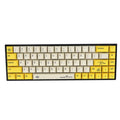 Set of blue PBT keycaps for a 68-key mechanical keyboard laid out on a desk.