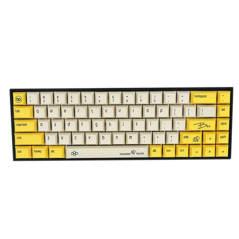 Set of blue PBT keycaps for a 68-key mechanical keyboard laid out on a desk.