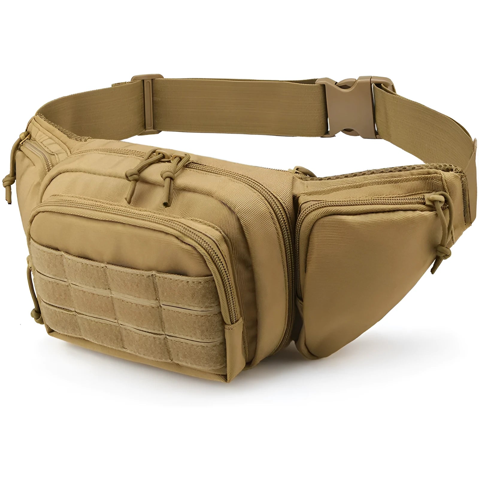 Black tactical multifunctional waist bag shown on a model, featuring a moderate capacity main compartment.