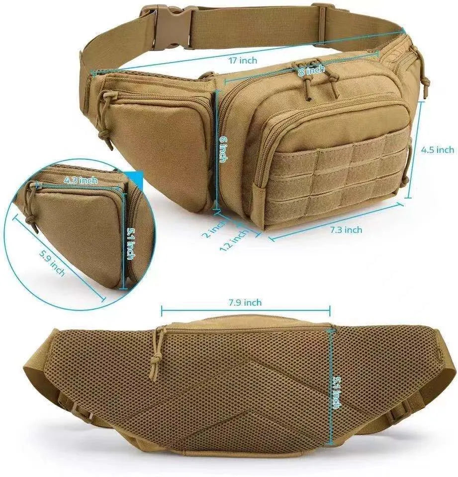 Black tactical multifunctional waist bag shown on a model, featuring a moderate capacity main compartment.