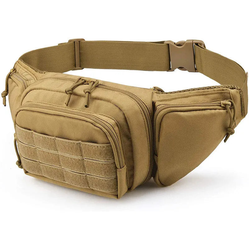 Black tactical multifunctional waist bag shown on a model, featuring a moderate capacity main compartment.