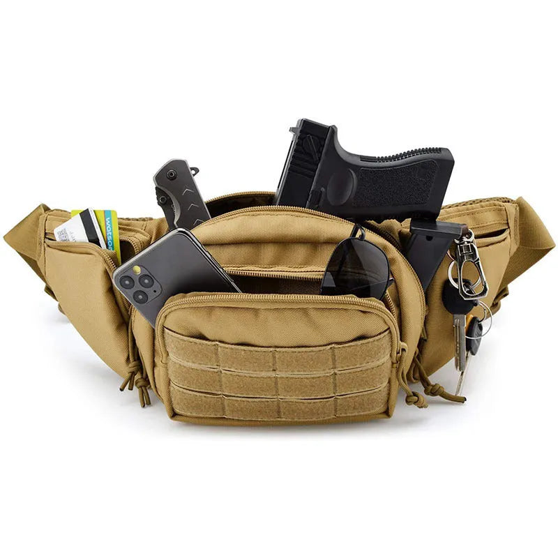 Black tactical multifunctional waist bag shown on a model, featuring a moderate capacity main compartment.