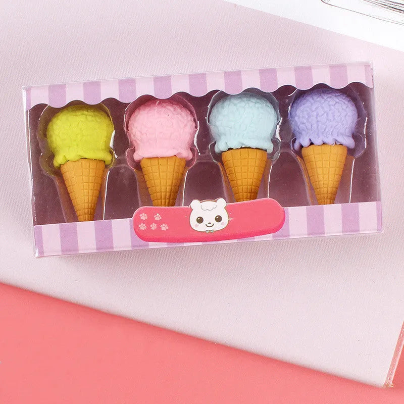 Set of 12 colourful cartoon erasers shaped like ice creams, doughnuts, and lollipops for children.