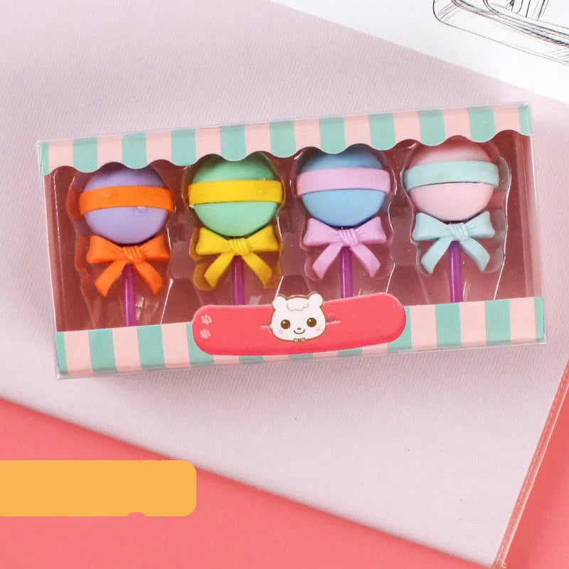 Set of 12 colourful cartoon erasers shaped like ice creams, doughnuts, and lollipops for children.