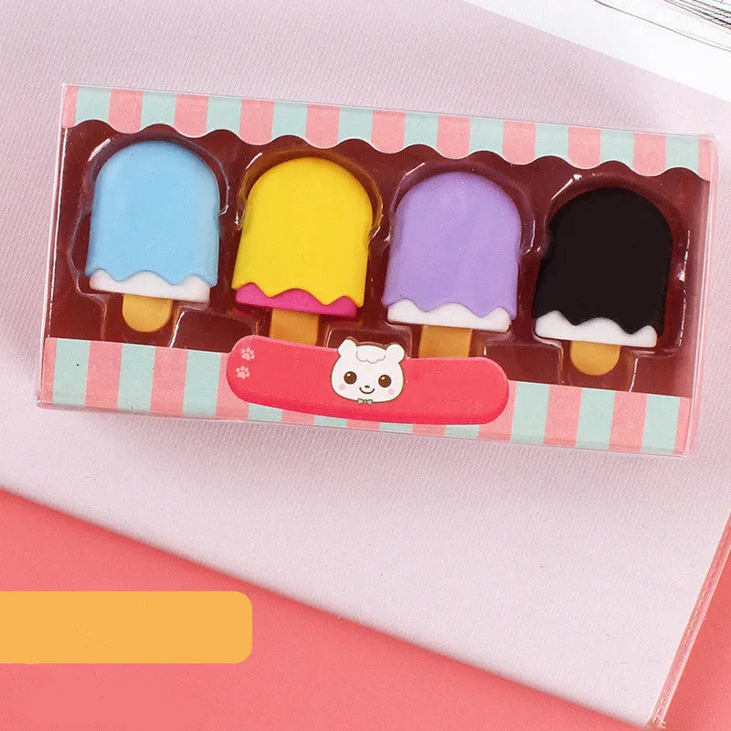 Set of 12 colourful cartoon erasers shaped like ice creams, doughnuts, and lollipops for children.