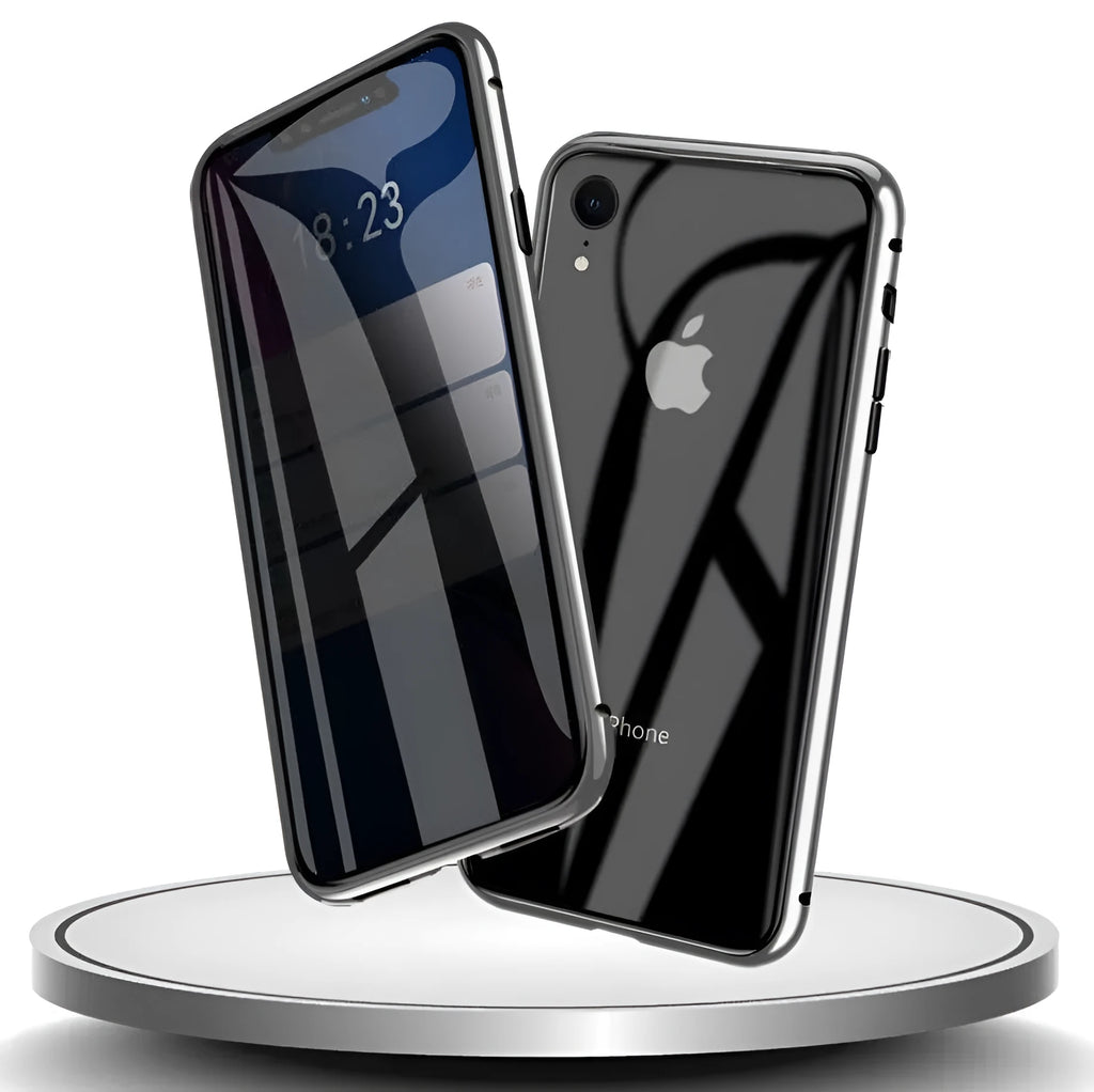 Closed clamshell anti-spy iPhone case in black showing tempered glass back and metallic Faraday cage interior.