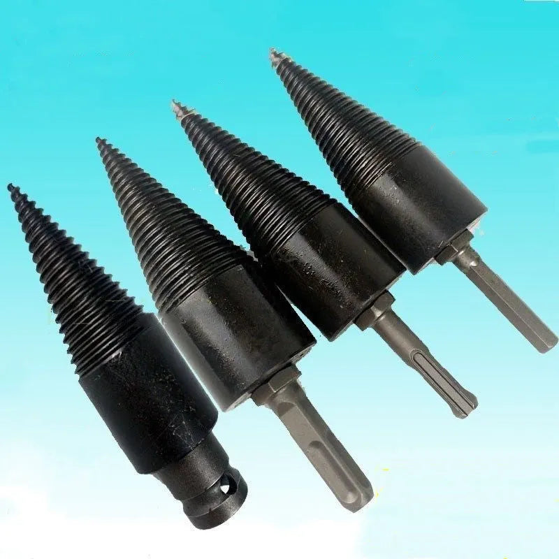 Hexagonal firewood splitting drill bit for electric drills shown in 32mm and 42mm sizes.