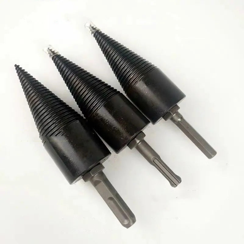 Hexagonal firewood splitting drill bit for electric drills shown in 32mm and 42mm sizes.