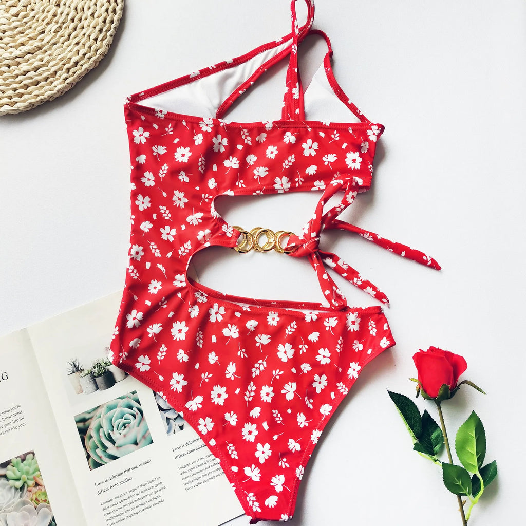 Red split small floral one-piece irregular stitching bikini with chest pad for swimming and fitness