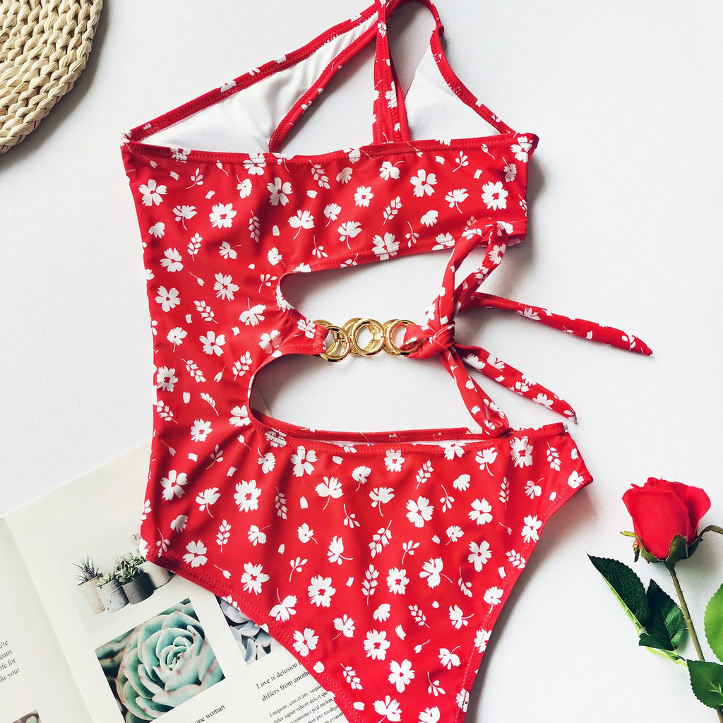 Red split small floral one-piece irregular stitching bikini with chest pad for swimming and fitness