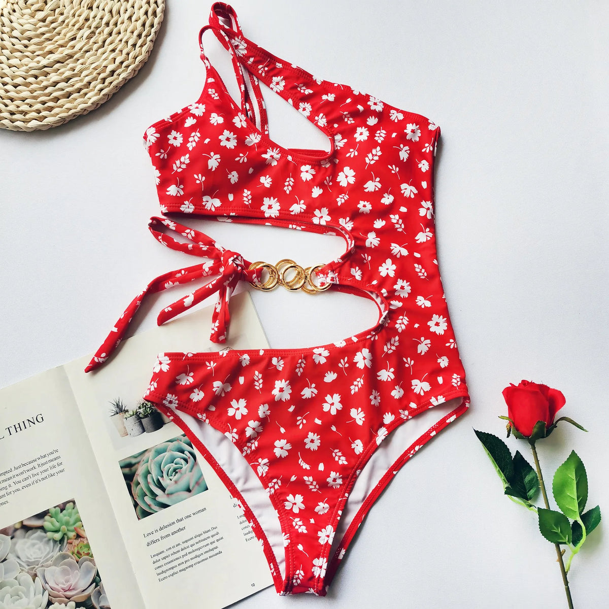 Red split small floral one-piece irregular stitching bikini with chest pad for swimming and fitness