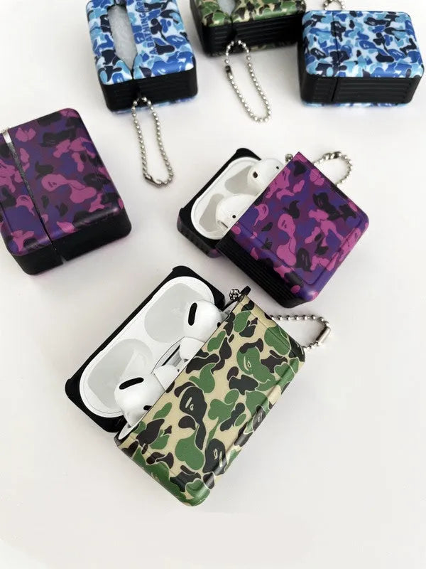 Camouflage protective shell for Apple AirPods Pro made of frosted soft rubber in blue green and purple split design