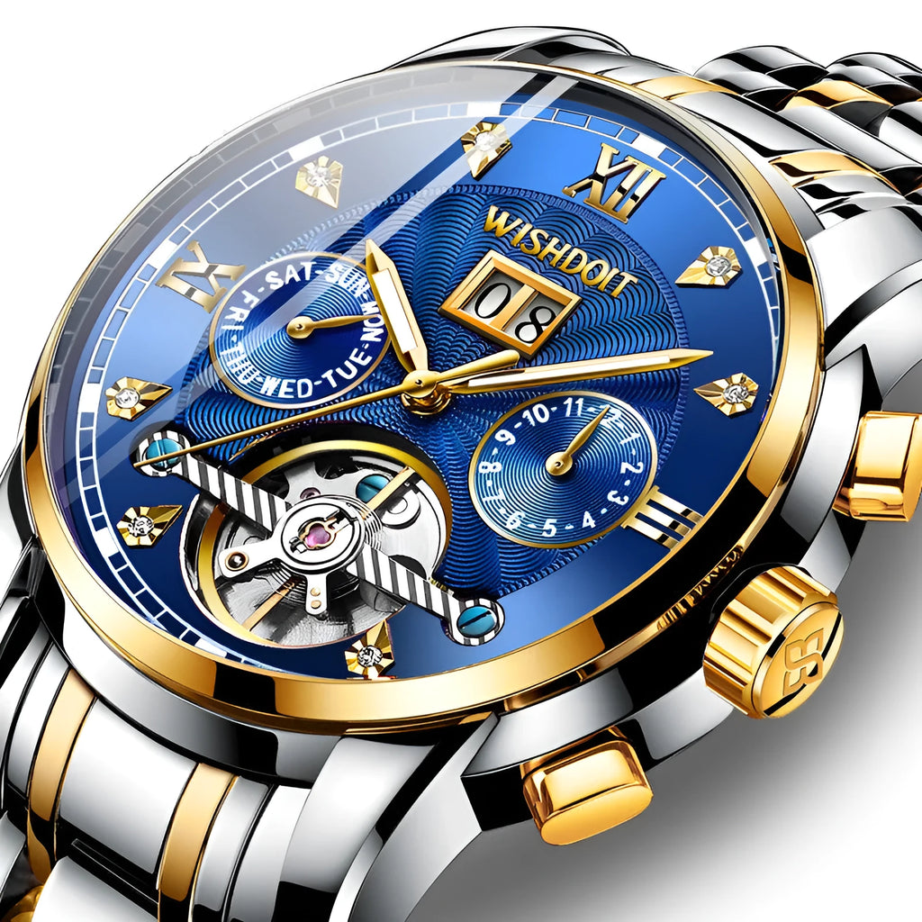 Luminous diamond tourbillon hollow automatic mechanical watch with steel band, glass mirror, and transparent bottom cover