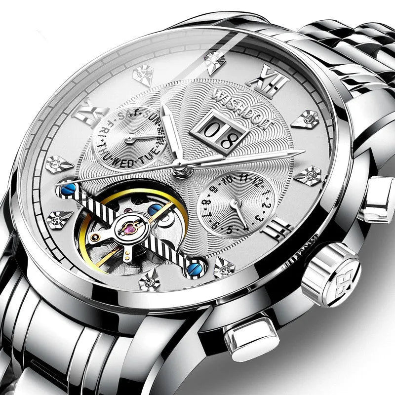 Luminous diamond tourbillon hollow automatic mechanical watch with steel band, glass mirror, and transparent bottom cover
