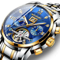 Luminous diamond tourbillon hollow automatic mechanical watch with steel band, glass mirror, and transparent bottom cover