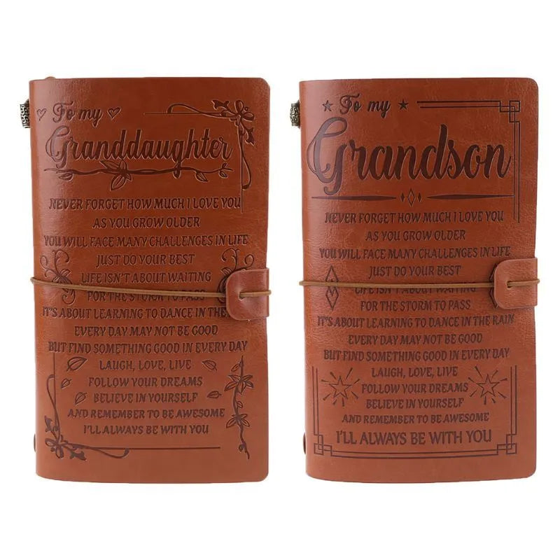 Leather business hand ledger notebook with strap binding and warm brown pages