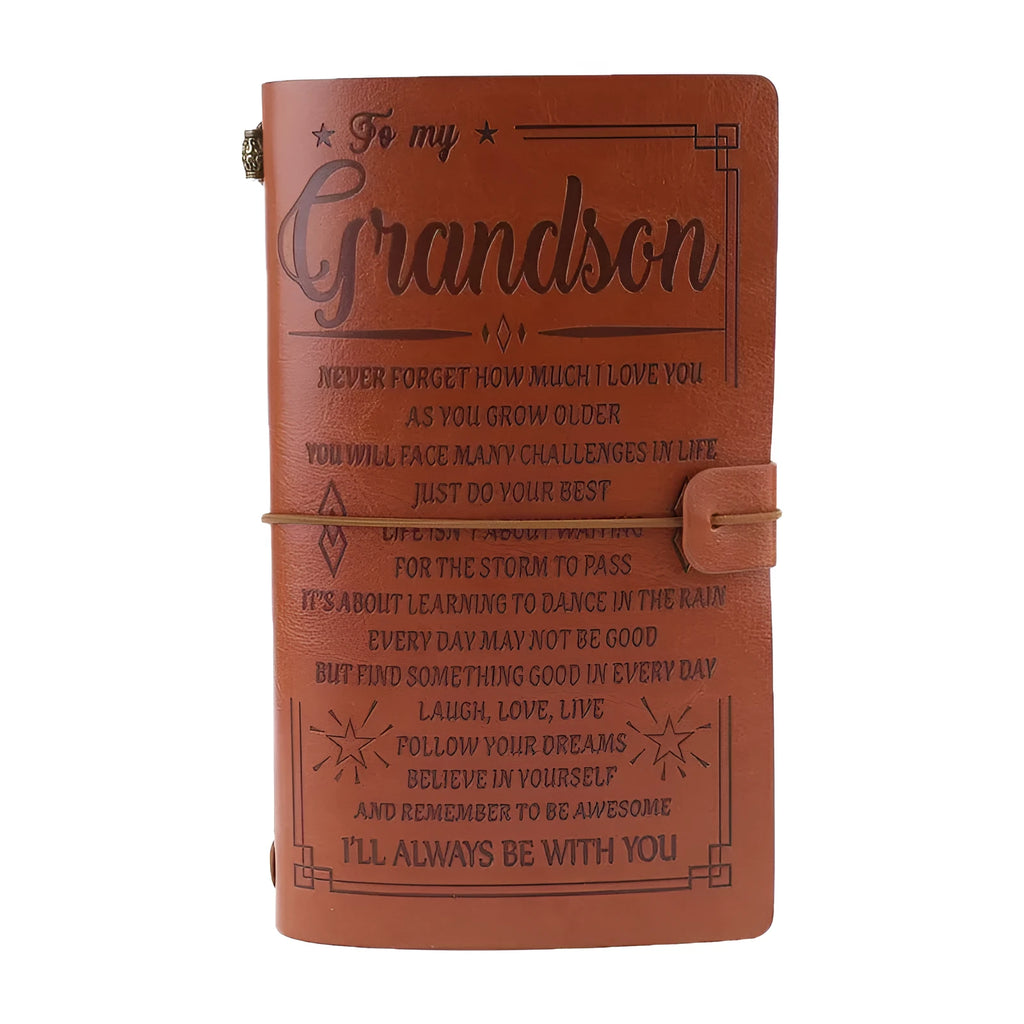 Leather business hand ledger notebook with strap binding and warm brown pages
