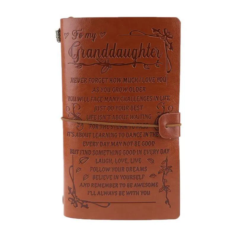 Leather business hand ledger notebook with strap binding and warm brown pages